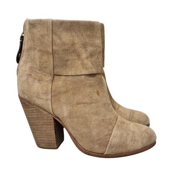 Rag & Bone Newbury Beige Canvas Ankle Boots Women’s 7.5 Chunky Heel Zip Booties - Picture 1 of 8